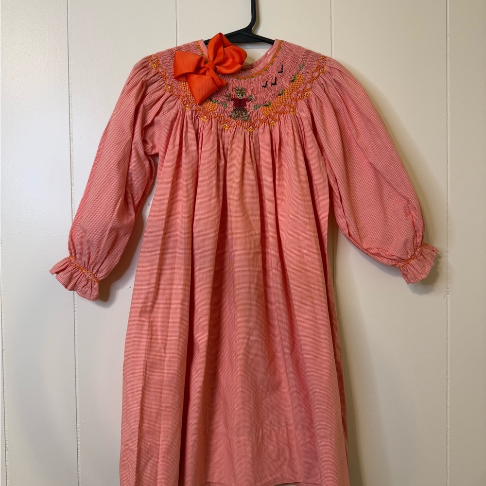 Girls Smocked Orange Fall Dress Size 2T with Hair Bow